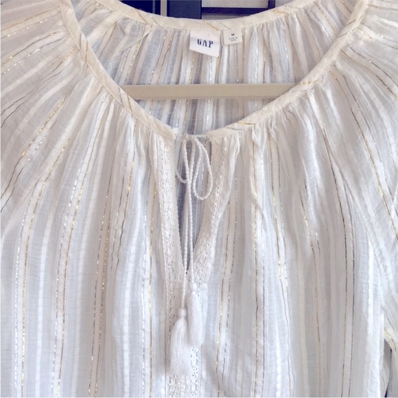 Boho Cotton Balloon Sleeve Metallic Stripe Cottagecore Blouse Ivory Off-white M - Picture 5 of 11